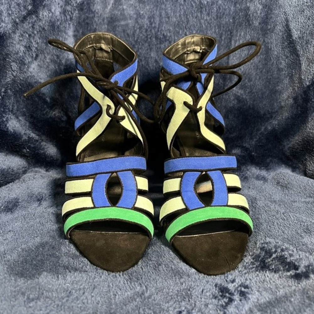 ZARA BLUE GREEN HIGH HEEL LACE UP STRAPS‎ SANDALS SHOES SIZE 39